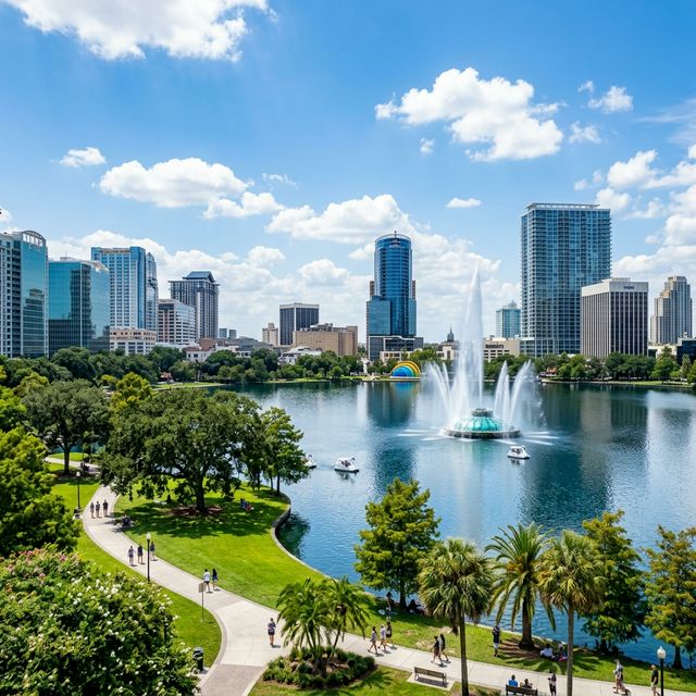 Lake Eola fountain spraying water in Downtown Orlando
