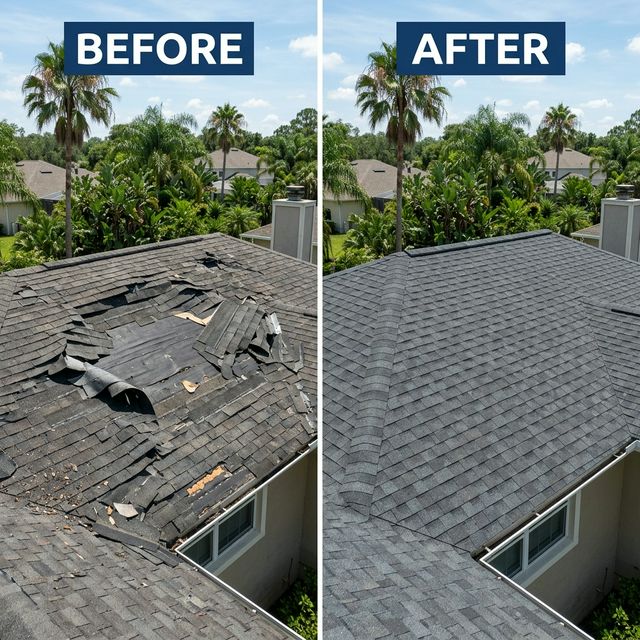 Before & After Shingle Roof Wind Damage Repair in Baldwin Park Orlando FL