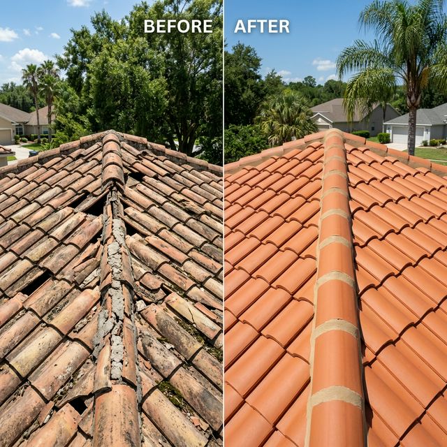 Before & After Tile Roof Debris Impact Repair in College Park Orlando FL